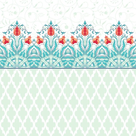 Vector seamless background with tulip flower border. Decor with leaves. Moroccan tiles pattern.のイラスト素材
