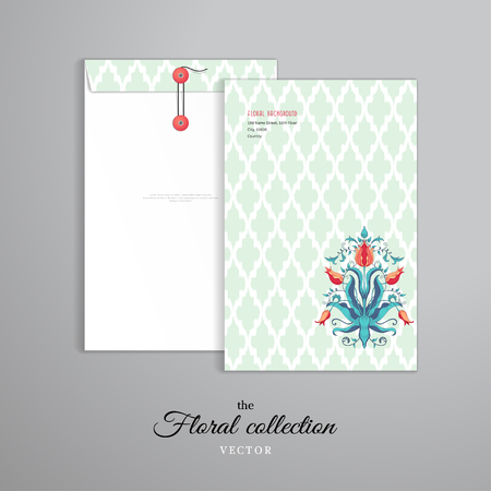 Vector template. Vertical big envelope with buttons. Tulip flower ornament. Moroccan tiles pattern. Curls and leaves.のイラスト素材