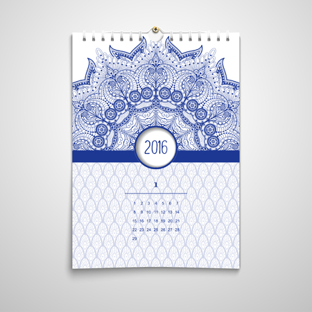 Vector illustration. Spiral calendar with round floral pattern. Ethnic ornament on backdrop. Realistic shadows.のイラスト素材