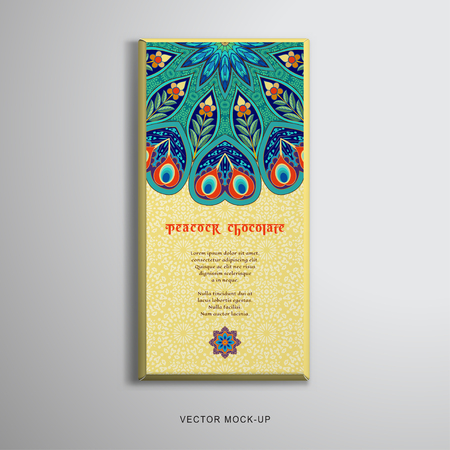 Vector object. Chocolate bar packaging with oriental round pattern with peacock feathers. Delicate backdrop. Place for your text.のイラスト素材