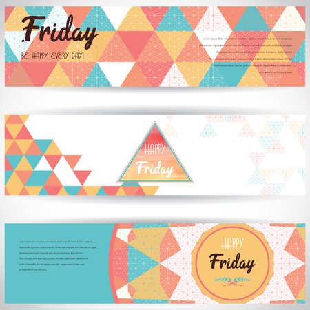 Set of three horizontal banners with  multicolored triangles. Grid pattern and frames. Place for your text.のイラスト素材