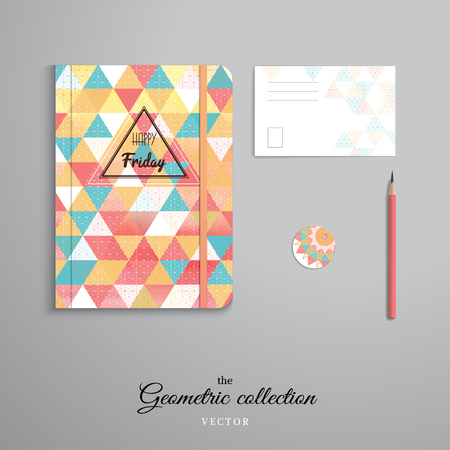 Set of notebook, pencil, tag and card. Insert "Happy friday". Multicolored triangles and grid.のイラスト素材