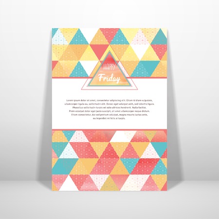 Vector card with inscription "Happy friday". Multicolored triangles and grid. Place for your text.のイラスト素材