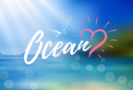 Vector background with rays of sun and island. Inscription "Ocean". Bokeh effect.のイラスト素材