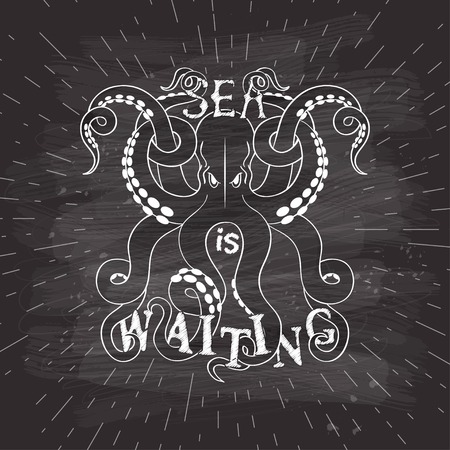Vector background with octopus on chalk board. Title "Sea is waiting".のイラスト素材