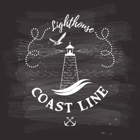 Vector background with lettering - Coast line. Lighthouse and seagull on chalk board.のイラスト素材