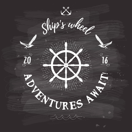 Vector background with steering wheel. Title "Adventures await" on chalk board.のイラスト素材