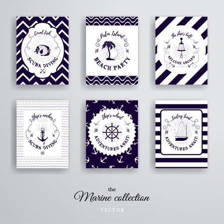 Set of vector cards with lettering and patterns in nautical style.のイラスト素材