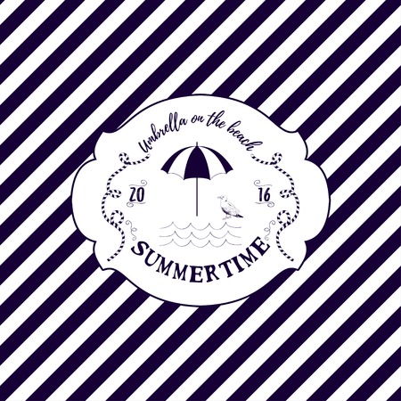 Vector illustration with beach, umbrella and seagull on diagonal striped backdrop. Title "Summertime".のイラスト素材