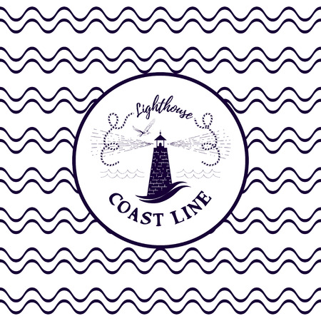 Vector illustration. Lettering - Coast line. Lighthouse and seagull on seamless backdrop with waves.のイラスト素材
