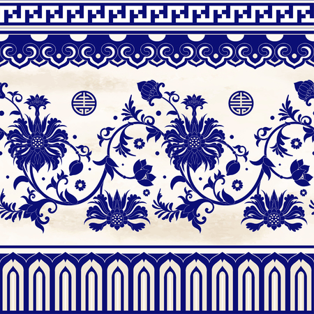 Vector set of seamless borders. Ornament in chinese style. Elegant floral design. Imitation of chinese porcelain painting. Watercolor backdrop.のイラスト素材