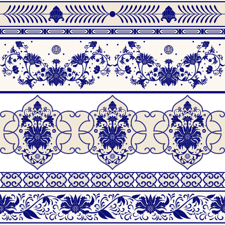 Set of vector seamless borders with floral ornament in chinese style. Imitation of chinese porcelain painting.のイラスト素材