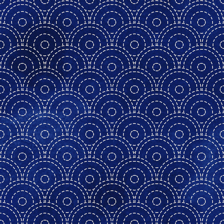 Seamless vector background with embroidery Sachiko. Round pattern. Blue watercolor background. Hand drawing.のイラスト素材