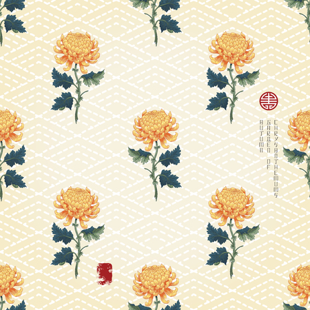 Vector seamless background with imitation of embroidery and chrysanthemum flowers and leaves. Japanese style. Inscription Autumn garden of chrysanthemums.のイラスト素材
