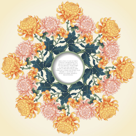 Vector card with floral round pattern. Branches of chrysanthemum flowers and leaves. Frame for your text.のイラスト素材