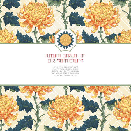 Vector card with branches chrysanthemum flowers on backdrop with embroidery. Inscription Autumn garden of chrysanthemums. Japanese style. Place for your text.のイラスト素材
