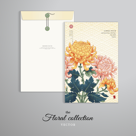 Vector template. Vertical big envelope with buttons. Branch of chrysanthemum flowers and leaves. Embroidery on seamless backdrop. Japanese style. Inscription Autumn garden of chrysanthemums.のイラスト素材