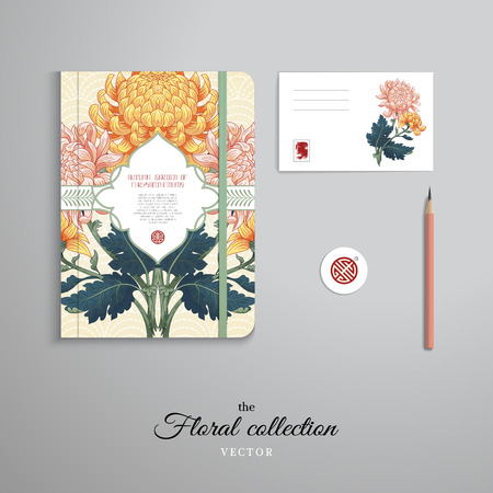Set of notebook, pencil, tag and card. Figured frame. Beautiful symmetrical branch of chrysanthemum flowers and leaves on backdrop with embroidery. Inscription Autumn garden of chrysanthemums.のイラスト素材