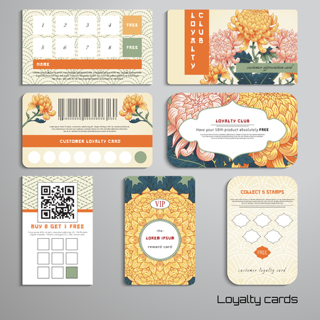Set of loyalty cards. Chrysanthemum flowers in Japanese style. Imitation of embroidery on backdrop. Inscription Autumn garden of chrysanthemums. Place for your text.のイラスト素材