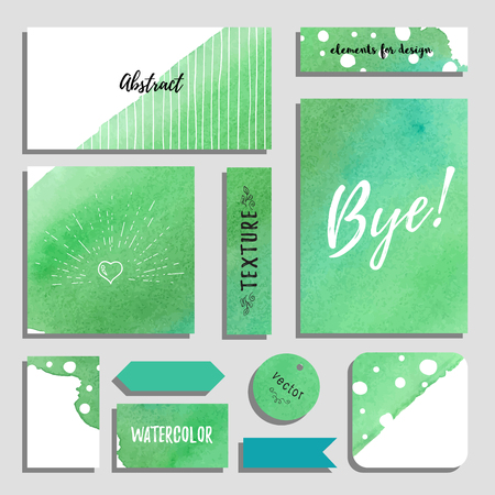 Vector set of cards, postcards and tags for design with hand drawing watercolor background. Inscription Bye. Realistic shadows.のイラスト素材