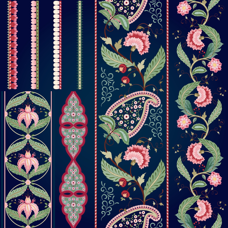 Set of seven vector vertical seamless borders. The motives of the paintings of ancient Indian fabrics. Dark background. Tree of Life collection.のイラスト素材
