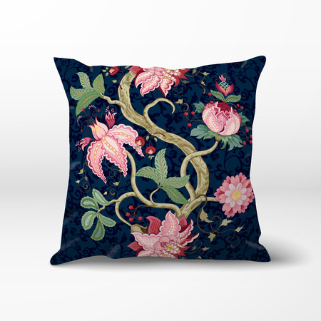 Vector pillow with dark backdrop. The motives of the paintings of ancient Indian fabrics. Tree of Life collection. Curved tree branch with fantastic flowers, leaves, tendrils and berries.のイラスト素材