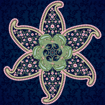 Vector background. Round floral ornament with paisley pattern on dark backdrop. Seamless simple delicate ornament. Motives of vintage Indian fabrics. Tree of Life collection.のイラスト素材