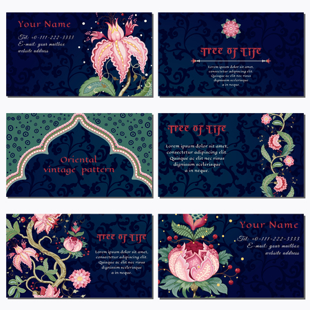 Set of six horizontal business cards. Dark backdrop. The motives of the paintings of ancient Indian fabrics. Tree of Life collection. Place for your text.のイラスト素材