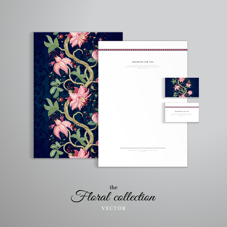 Vector identity templates with a geometric pattern. Letterhead, folder for documents, business cards. Dark background. Curved tree branch with fantastic flowers, leaves, tendrils and berries.のイラスト素材