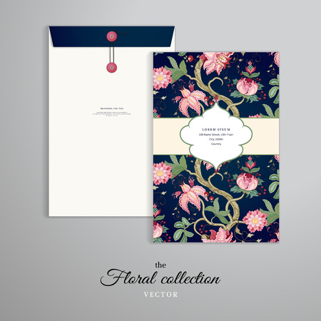 Vector template. Vertical big envelope with buttons. Curved tree branch with fantastic flowers, leaves, tendrils and berries on dark backdrop. The motives of the paintings of ancient Indian fabrics.のイラスト素材