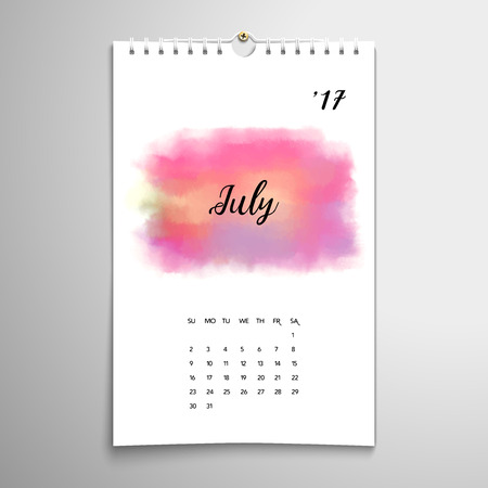 Vector spiral calendar. Stain watercolor pattern. Hand drawing. Realistic shadows. Inscription - July.のイラスト素材