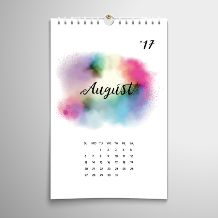 Vector spiral calendar. Hand drawing watercolor stains and blotches. Inscription - August. Realistic shadows.のイラスト素材