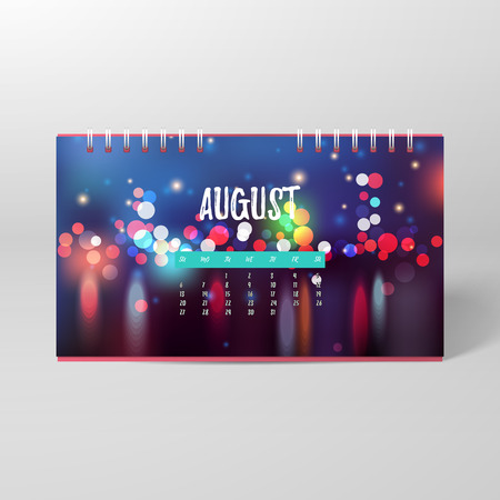 Vector desk spiral calendar with blurred lights on colored background with bokeh effect. August.のイラスト素材
