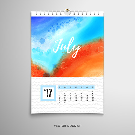 Vector illustration. Paper spiral calendar. Realistic shadows. Pattern with watercolor stains and blotches. Inscription - July.のイラスト素材