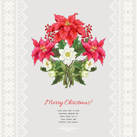Vector card with borders with scandinavian ornament. Branches of poinsettia flowers, berries and hellebore. Christmas collection. Place for your text.のイラスト素材