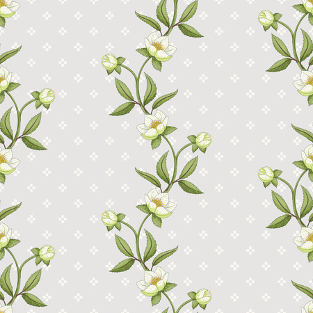 Vector seamless background with scandinavian ornament. Lines of hellebore flowers. Christmas collection.のイラスト素材
