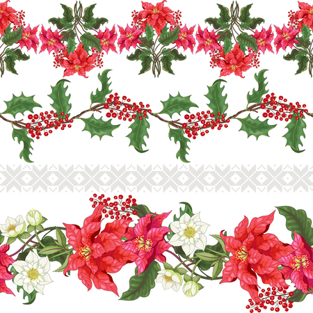 Set of four seamless vector borders. Christmas star, hellebore flowers and holly. Norwegian ornament.のイラスト素材