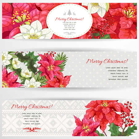 Set of three horizontal banners. Fir-tree, holly, hellebore and poinsettia flowers. Scandinavian ornament. Christmas collection. Place for your text.のイラスト素材