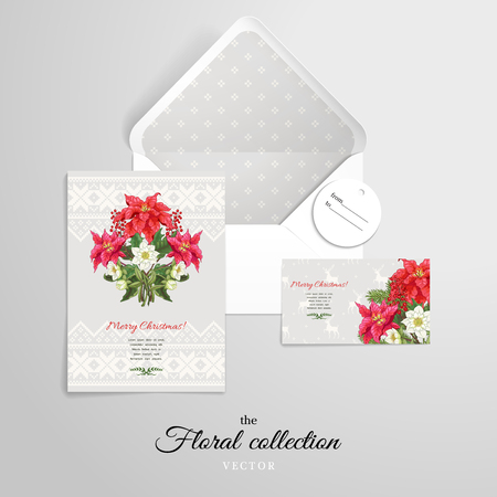 Vector set for design. Open envelope and various cards. Design with branches of poinsettia flowers, fir-tree, berries and hellebore. Scandinavian ornament. Christmas collection.のイラスト素材