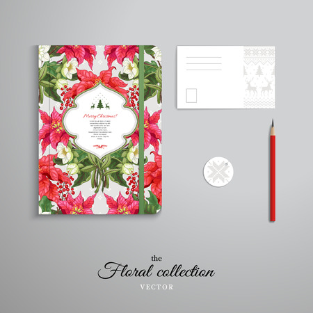 Set of notebook, pencil, tag and card. Branches with holly and Christmas star and hellebore flowers. Norwegian ornament on backdrop. Christmas collection.のイラスト素材