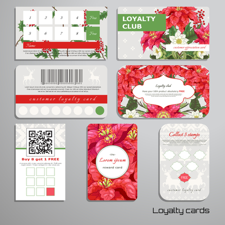 Set of loyalty cards. Poinsettia flowers, berries and hellebore. Scandinavian ornament on backdrop. Christmas collection. Place for your text.のイラスト素材