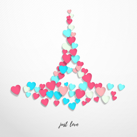 Vector abstract illustration. Inscription Just love. Multicolored hearts in the form of the Eiffel Tower. Valentine's Day or wedding.のイラスト素材