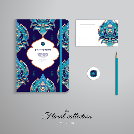 Set of notebook, pencil, tag and card. Orient paisley flowers pattern and dark backdrop.のイラスト素材
