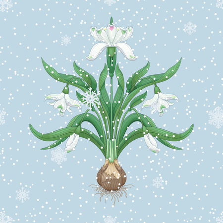 Spring flowers of snowdrop on a background with snowflakes. Vector background.のイラスト素材