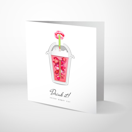 Vector card with design of imprint of lipstick and love drink in plastic cup. Paper cut design. Place for your text.のイラスト素材