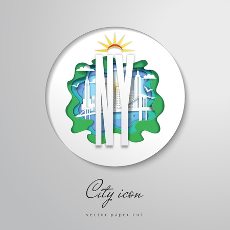 Design with New York City and silhouette of bridge, Empire State Building and skyline. Vector icon.のイラスト素材