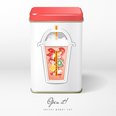 Vector object. Square tin packaging. Pattern of disposable plastic cup with a straw and drink. Paper cut design. Tea, coffee, dry products. Open it.のイラスト素材