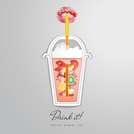 Vector paper cut design. Disposable cup with juice and imprint of lipstick in the form of lips. Drink it.のイラスト素材