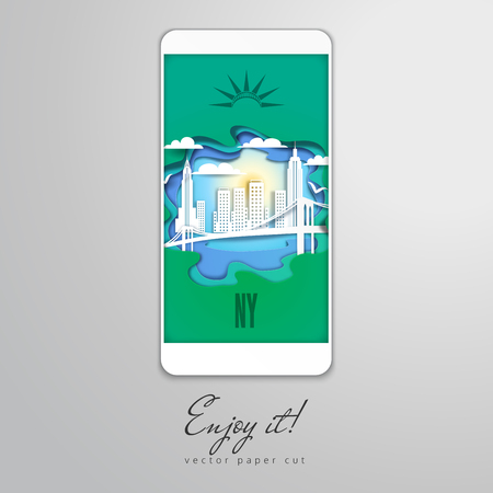 Vector paper cut design. Form of smartphone with silhouette of New York City on the screen saver. Gradient on background. Enjoy it.のイラスト素材