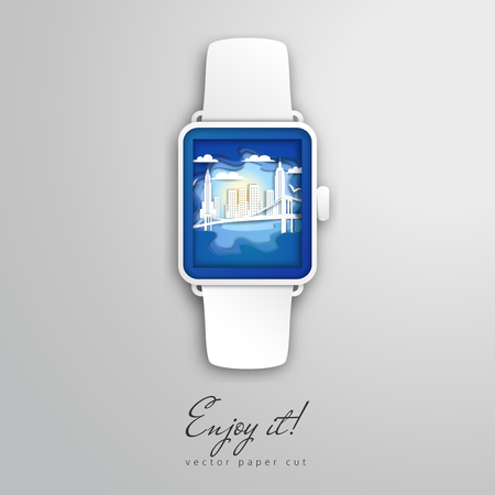 New York bridge and city on the screen. Paper cut design in the form of smart watch. Vector illustration. Trust it.のイラスト素材